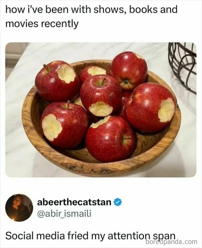 Bowl of red apples with bites taken, illustrating social media affecting attention span meme