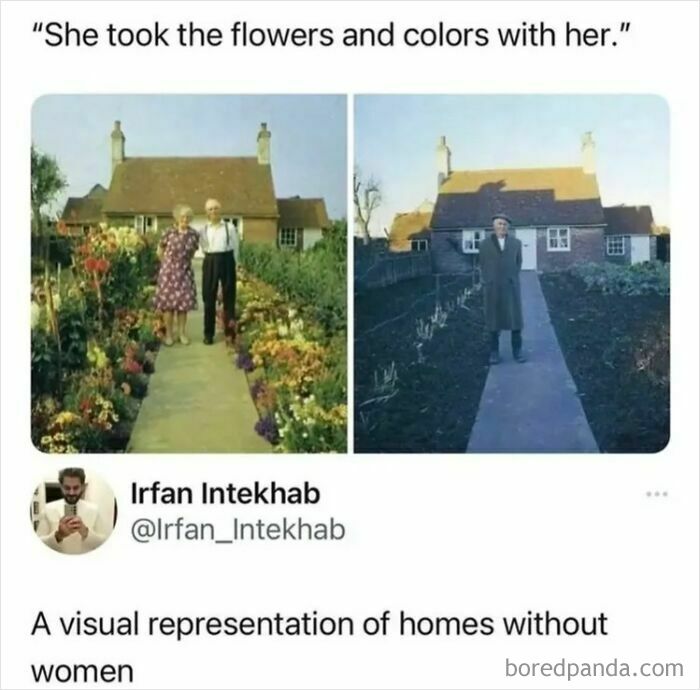 Visual representation meme of homes without women with flowers gone