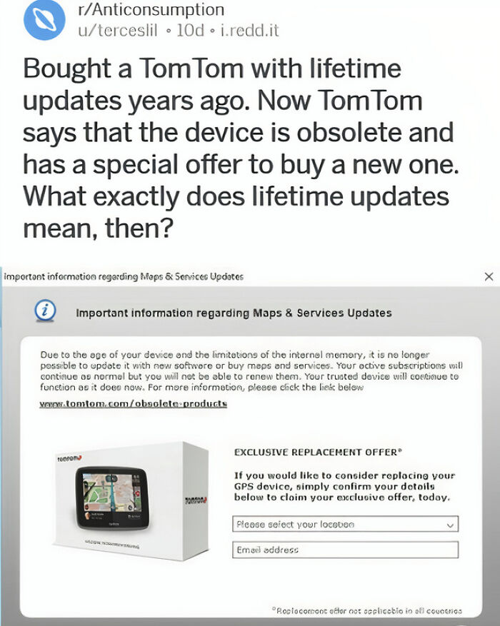 Screenshot of a TomTom GPS device email about obsolete products, questioning lifetime updates for Buy It For Life products.