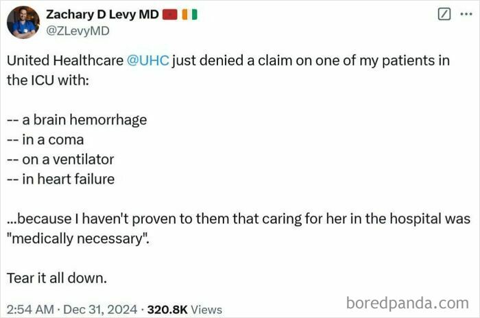 Tweet from a doctor about United Healthcare denying a claim for an ICU patient, showcasing disturbing levels of USA dystopia.