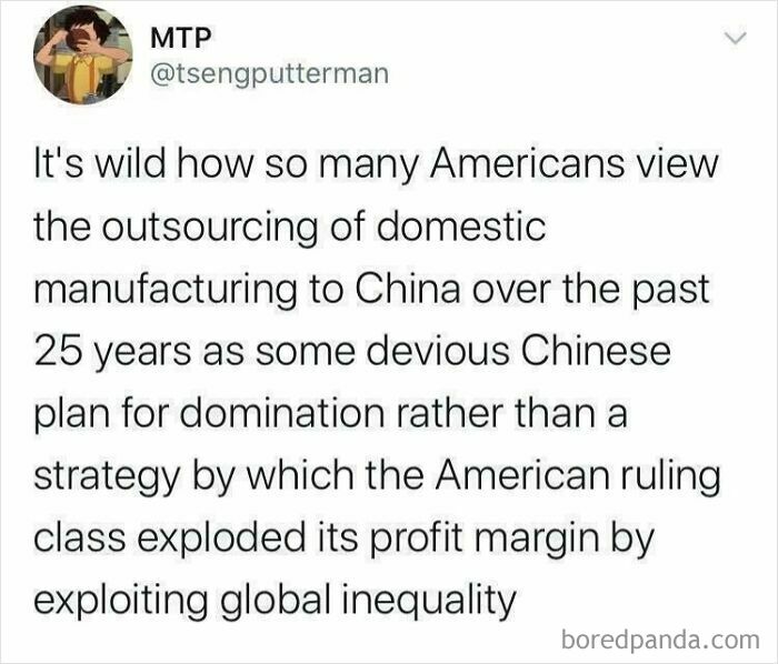 A tweet discussing the outsourcing of manufacturing and global inequality, reflecting USA's disturbing dystopia.