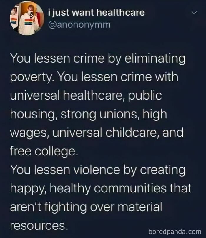 Tweet advocating for universal healthcare, public housing, and free college to lessen crime and violence, highlighting USA dystopia.