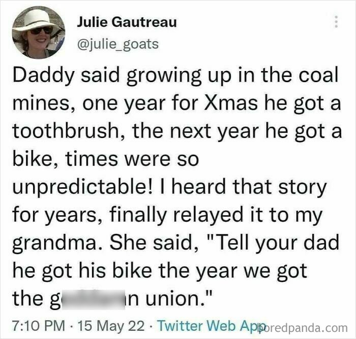 A social media post about a family story of coal mine workers getting a union, showing disturbing levels of dystopia.