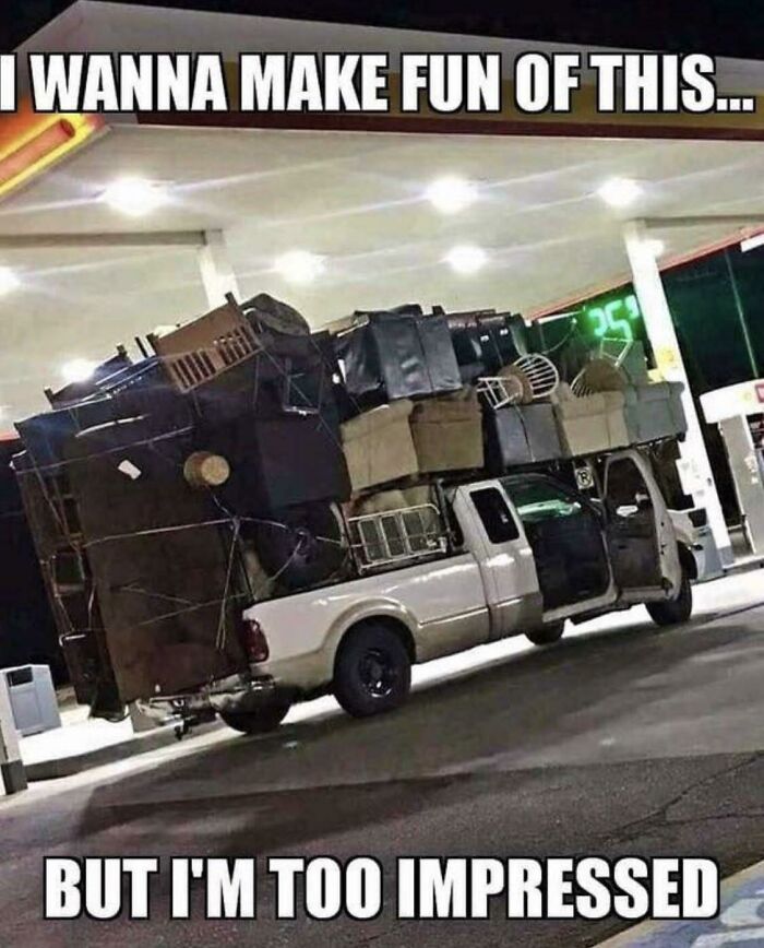 Pickup truck at gas station overloaded with furniture in moving fails pics