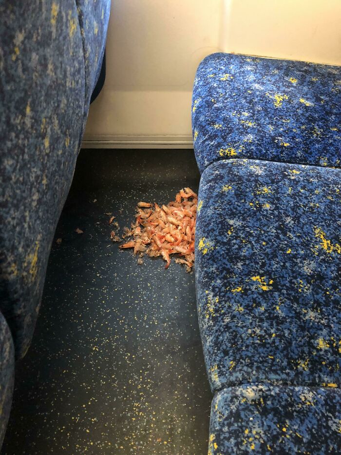 A pile of discarded shrimp shells on the floor of a train during public transport interactions