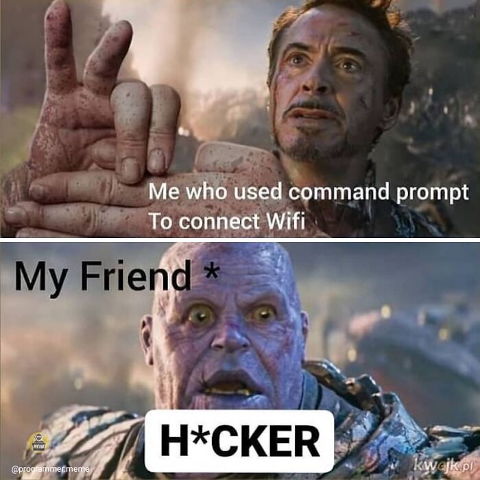 Programmer meme showing using command prompt to connect WiFi called hacker by friend
