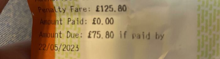 Close up of a public transport penalty fare ticket showing fine amount