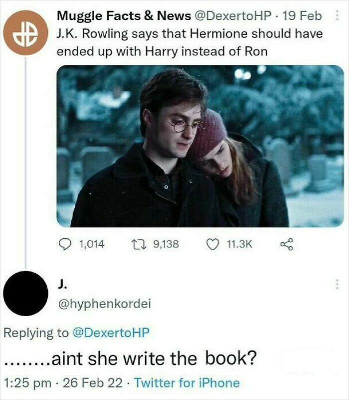 A perfect reply on Twitter about J.K. Rowling and Hermione. The comment questions Rowling's authority.