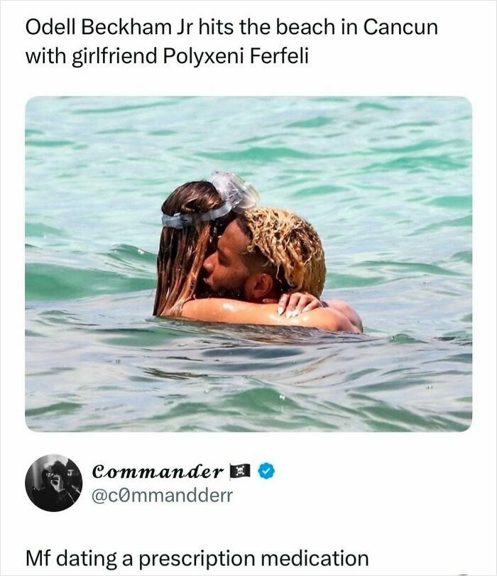 A couple kissing in the water, with a funny comment below about dating prescription medication, a perfect reply.