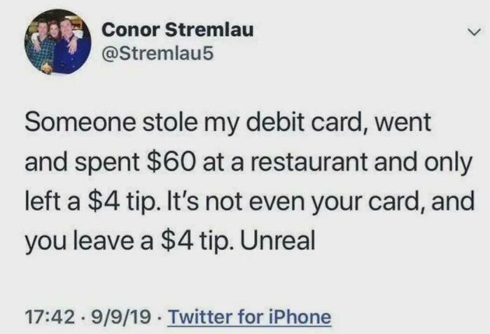 Tweet about debit card stolen with $4 tip moral dilemma