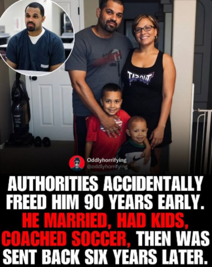 Family photo with text about man freed early, married, had kids, then sent back
