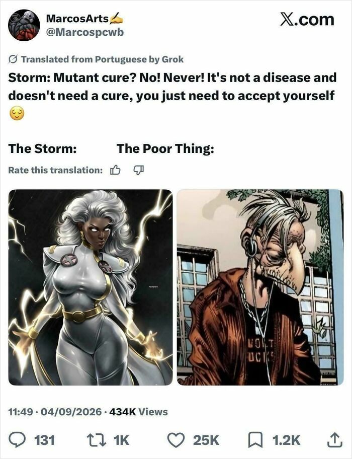 Storm mutant comic character and poor thing cartoon moral scenario