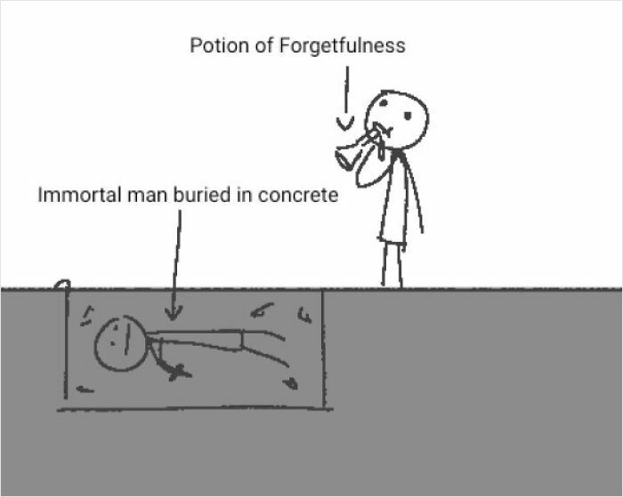 Simple comic showing immortal man buried in concrete and another drinking a potion of forgetfulness