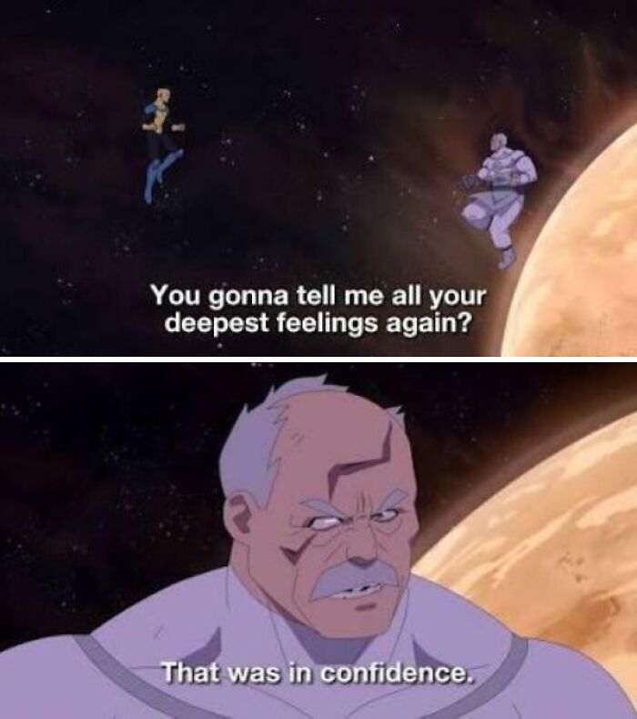 Cartoon characters discussing feelings in space scene