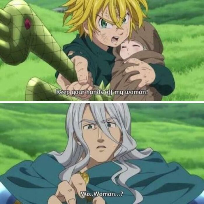 Anime scene with moral dilemma holding baby and sword