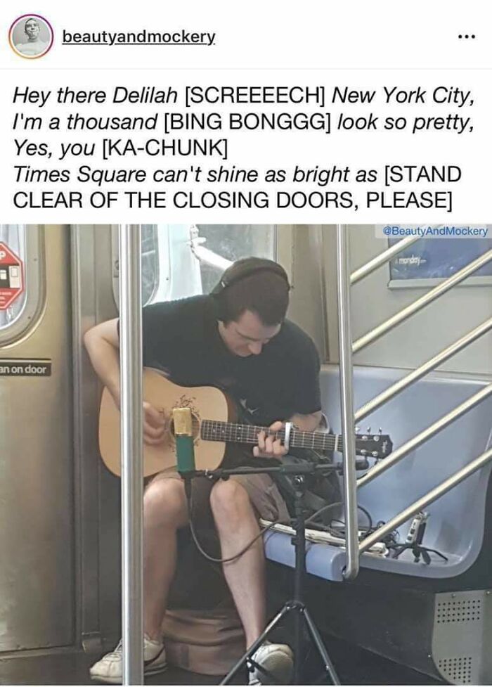 A musician playing an acoustic guitar with a professional microphone setup during public transport interactions.