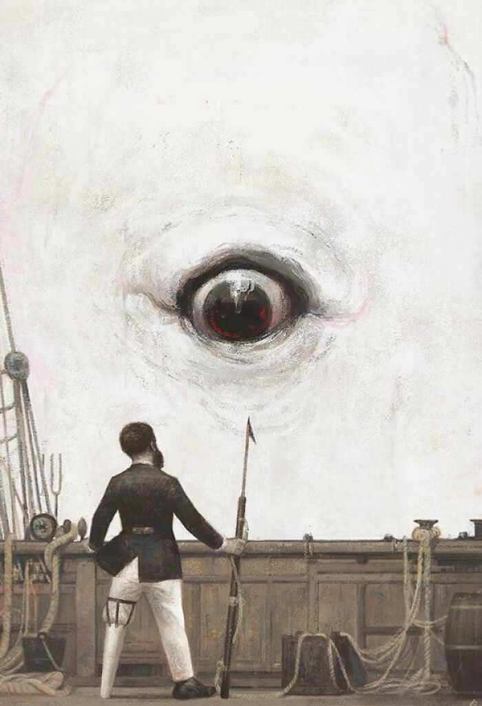Surreal painting of a man on a ship facing a large eye in the sky