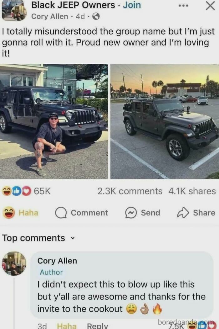 Man proudly posing with new black Jeep and funny social media post
