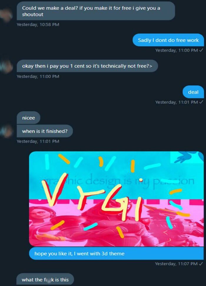 Choosing beggars: Text exchange of a client asking for free graphic design work in exchange for a shoutout.