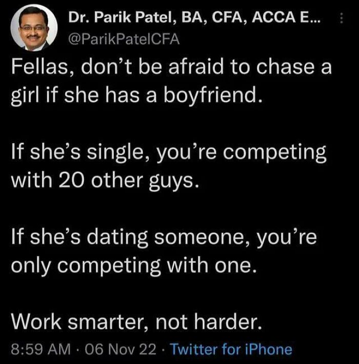 A humorous tweet featuring witty internet comments about dating strategy.