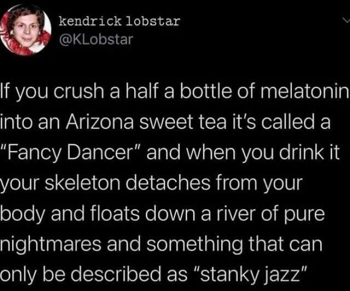 A humorous internet comment explaining a recipe for a drink called Fancy Dancer.