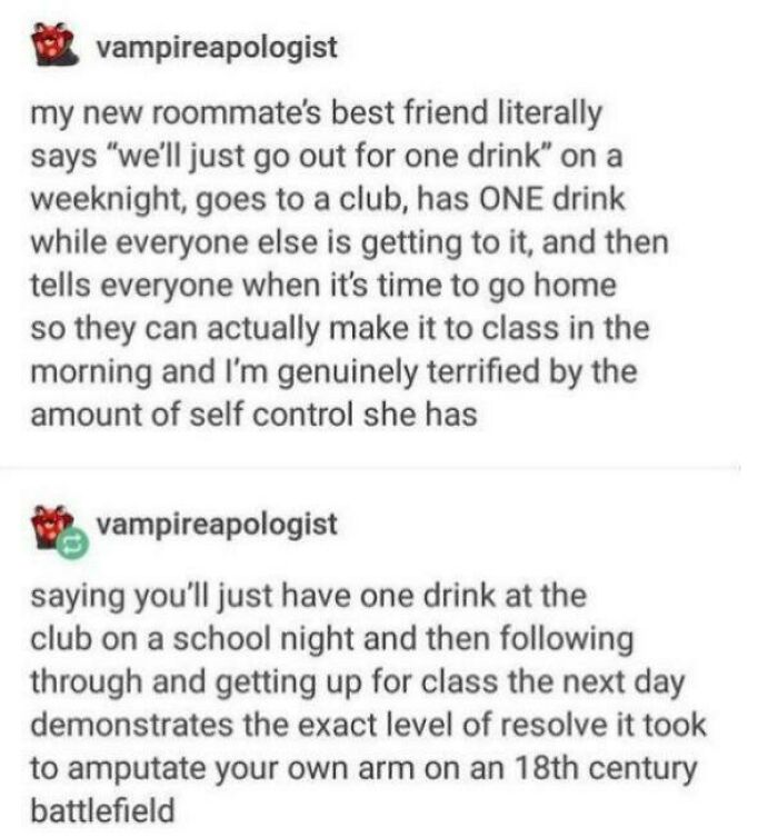 An internet comment comparing high self-control at a club to 18th-century battlefield resolve.