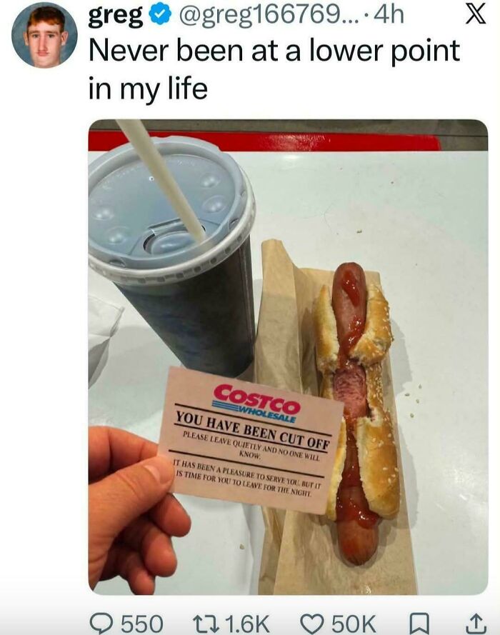 Internet comments meme showing a Costco cut-off card next to a hot dog.