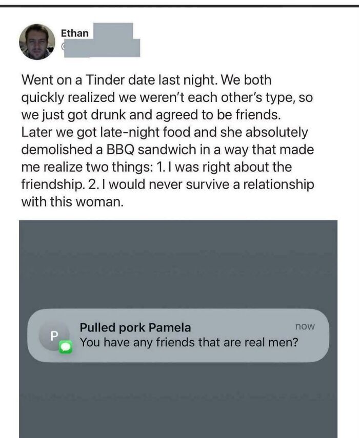 A message conversation screenshot from Pulled Pork Pamela, capturing viral internet comments about a Tinder date.