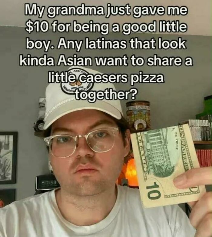 A young man holding a ten dollar bill with a meme caption, showing hilarious and specific internet comments online.
