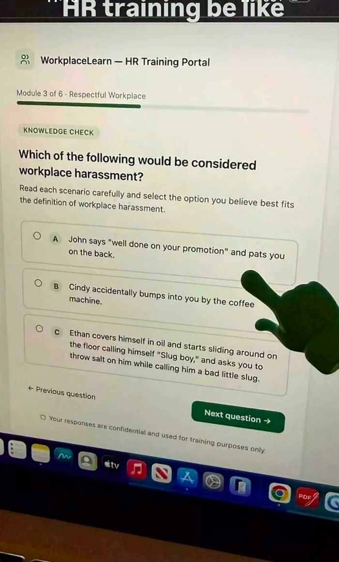 An HR training portal question on workplace harassment, depicting relatable and bizarre internet comments about work.