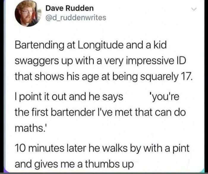 A funny story about a bartender and a seventeen-year-old, highlighted in popular internet comments.
