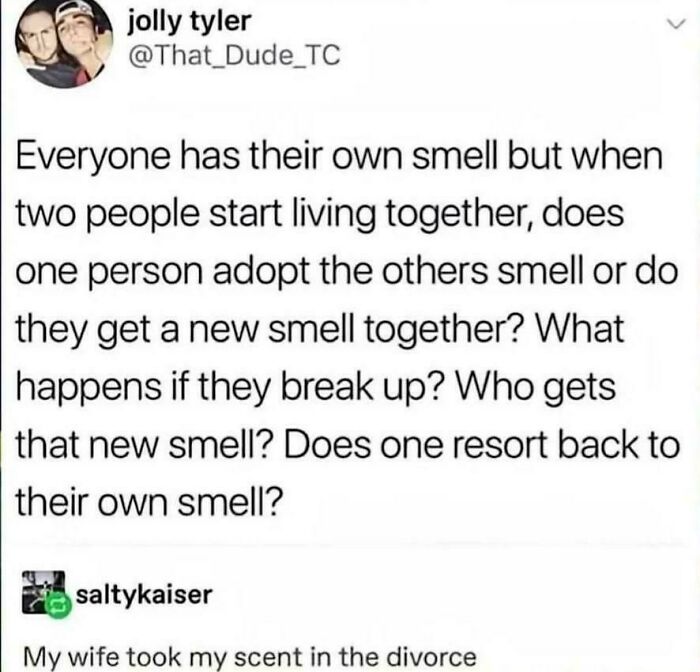 A humorous discussion about personal scents after a divorce, showcasing funny internet comments.
