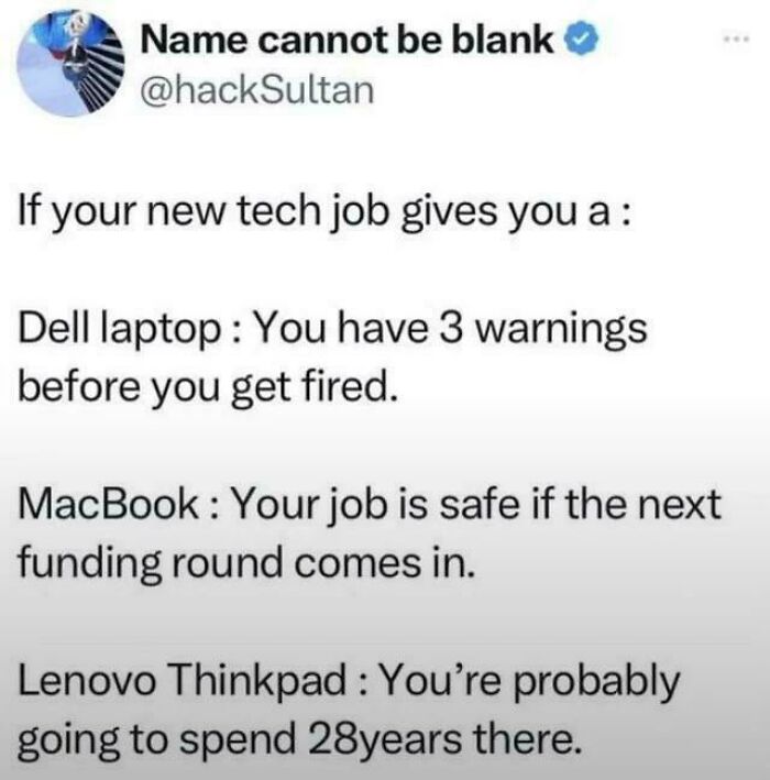 A post on tech jobs and laptop types, featured in a collection of funny internet comments.