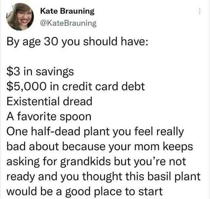 An internet comments post by Kate Brauning about life milestones and a basil plant by age thirty.