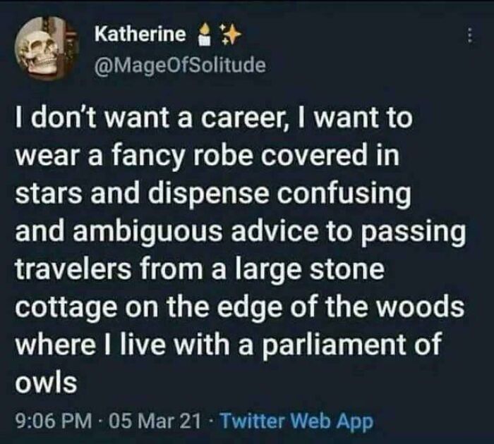 A tweet about wanting to be a wizard, serving as a humorous example of internet comments.