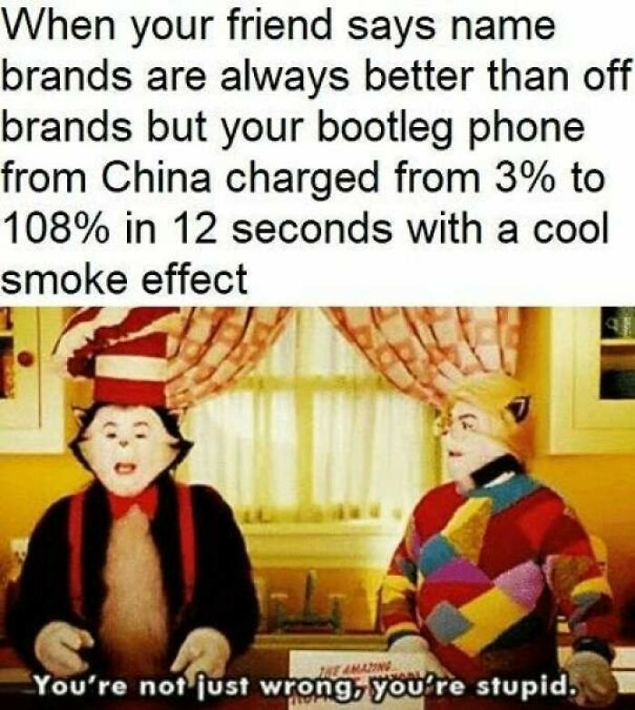 A Cat in the Hat meme showing a funny reaction to a bootleg phone.