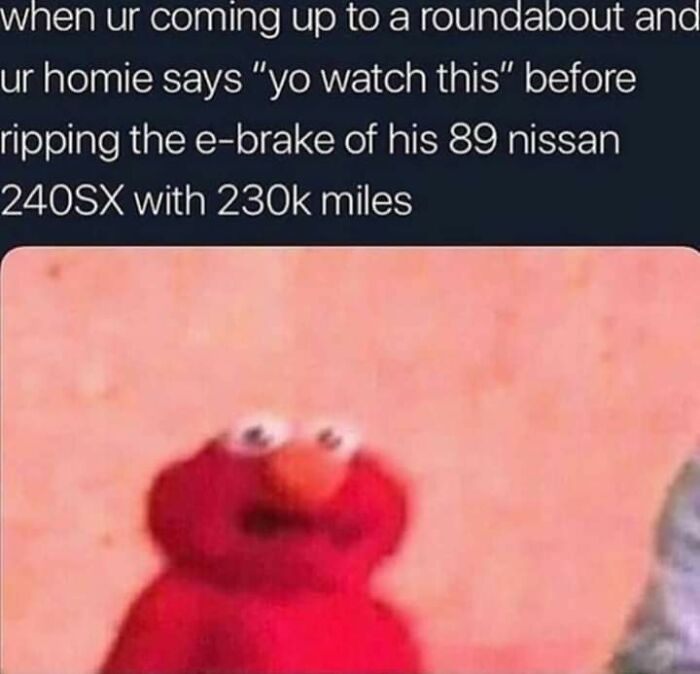An anxious Elmo meme reflecting funny internet comments about a risky car ride.