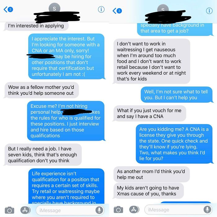 Text messages depicting choosing beggars trying to bypass CNA qualifications because they have seven kids