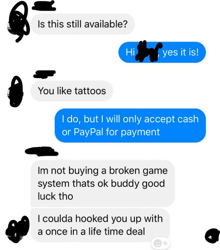 A text conversation with choosing beggars trying to trade tattoos