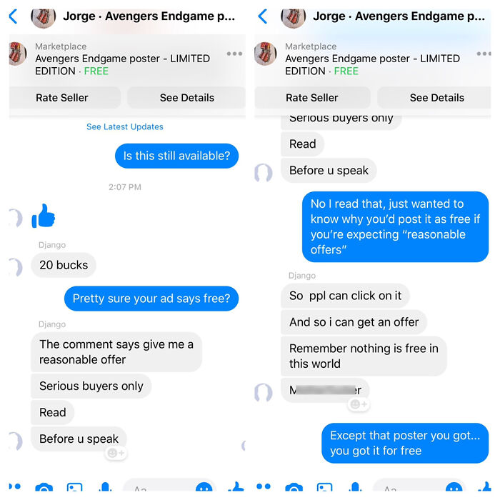 A chat with choosing beggars on Marketplace offering 20 bucks for a free poster then demanding a reasonable offer