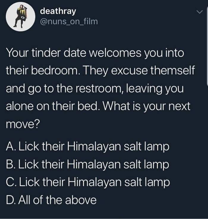 A Twitter post asking about next moves on a date with funny internet comments joking about Himalayan salt lamps