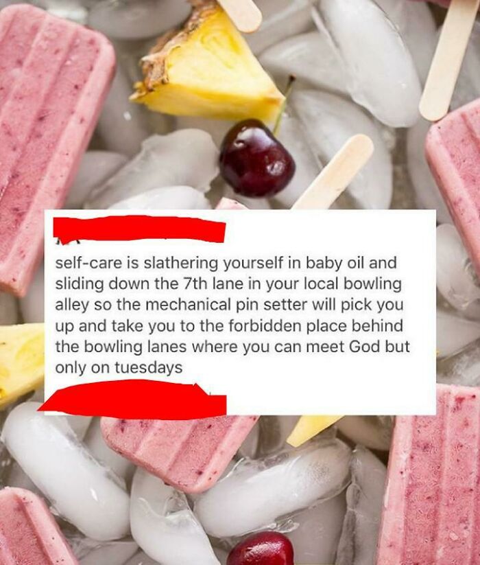 A social media post about a bizarre bowling alley self-care routine showing funny internet comments.