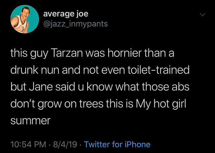 A funny tweet about Tarzan and Jane as an example of bizarre internet comments.