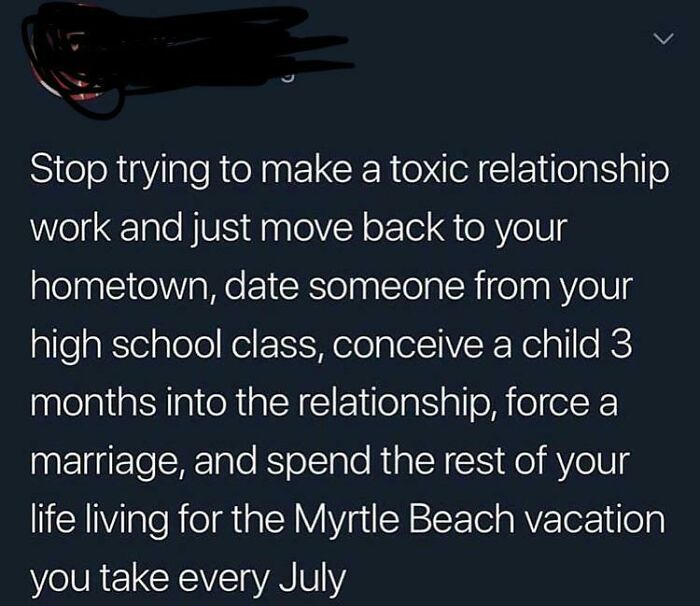 A Tweet detailing a highly specific toxic relationship cycle, illustrating internet comments