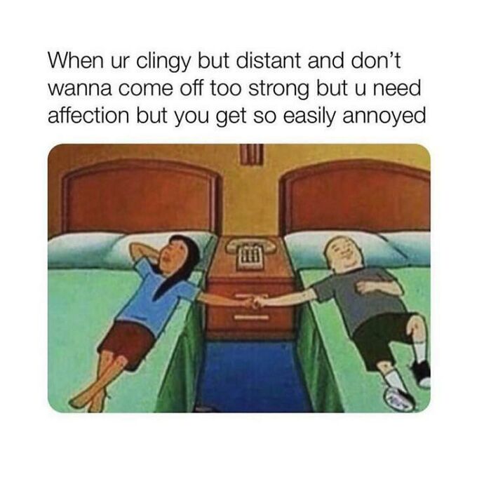 Meme with internet comments depicting a couple holding hands from separate beds.