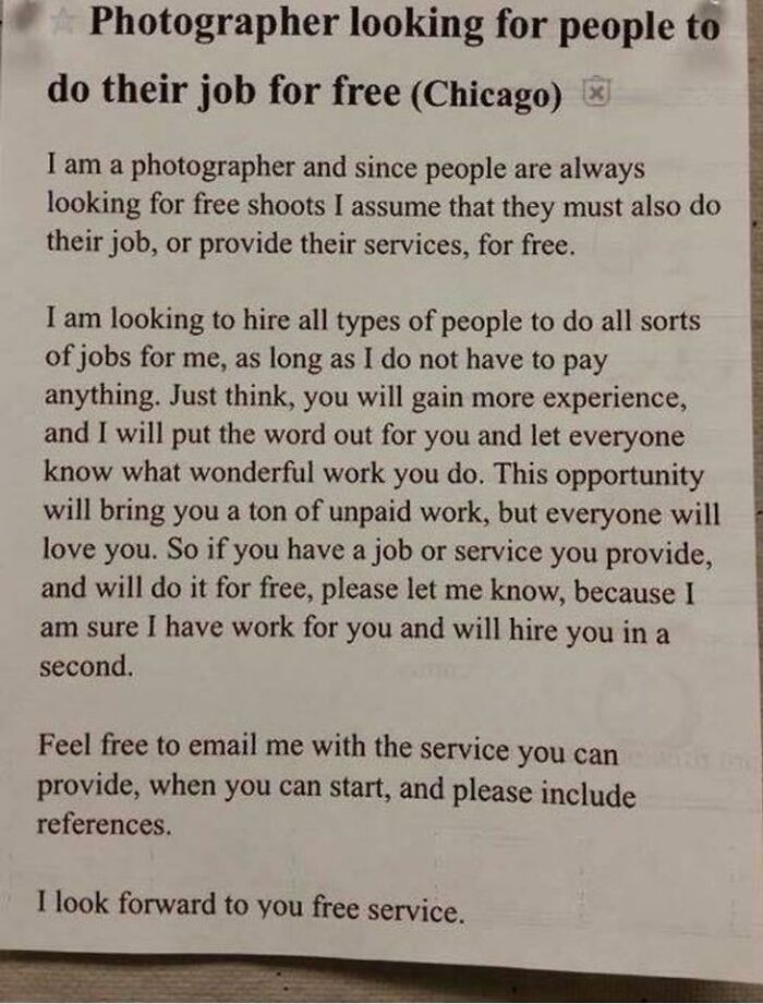 A print ad mockup mocking choosing beggars who expect others to work for free under the guise of exposure.