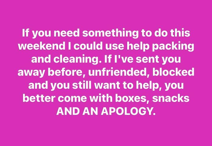A bold text post on a pink background depicting choosing beggars demanding boxes, snacks, and apologies for help.