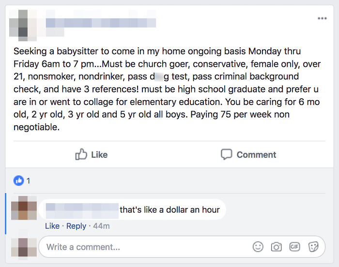 Facebook post of choosing beggars asking for a full-time babysitter for four boys at only 75 dollars a week.
