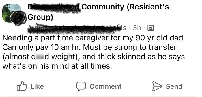 A community forum post where choosing beggars offer low pay for demanding care work