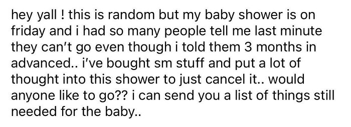 A social media post from choosing beggars asking for last minute guests to buy gifts for a baby shower.